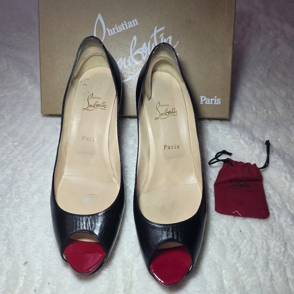 Christian Louboutin Black Leather Peep-Toe Pumps with Red Toe Cap